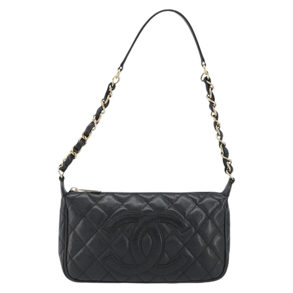 CHANEL Matelasse Chain Shoulder Bag Caviar Skin Black Gold CC Auth 189723V