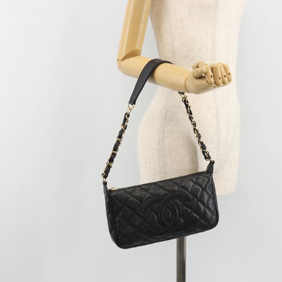 CHANEL Matelasse Chain Shoulder Bag Caviar Skin Black Gold CC Auth 189723V