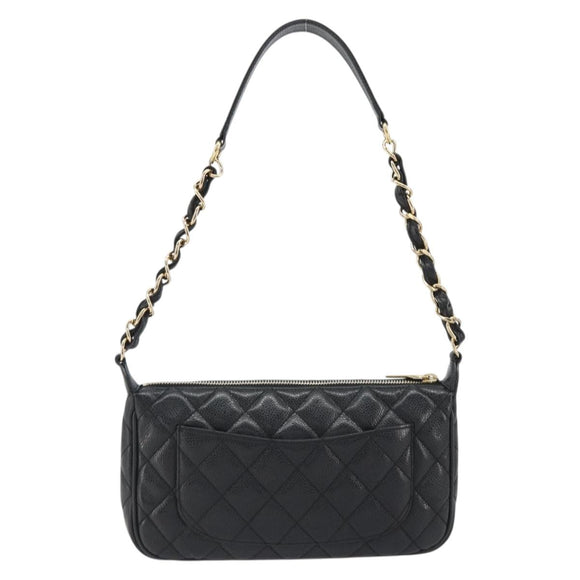 CHANEL Matelasse Chain Shoulder Bag Caviar Skin Black Gold CC Auth 189723V