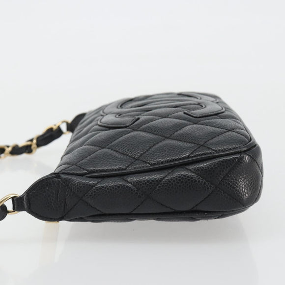 CHANEL Matelasse Chain Shoulder Bag Caviar Skin Black Gold CC Auth 189723V