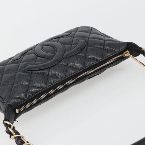 CHANEL Matelasse Chain Shoulder Bag Caviar Skin Black Gold CC Auth 189723V