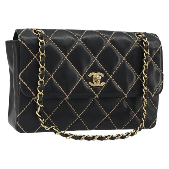 CHANEL Wild Stitch Chain Shoulder Bag Leather Black Gold CC Auth 189724V