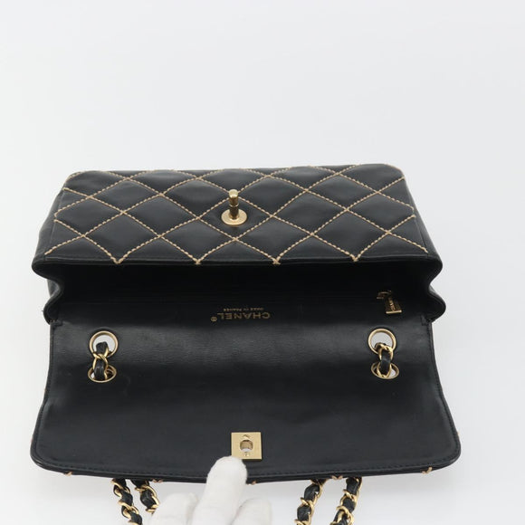 CHANEL Wild Stitch Chain Shoulder Bag Leather Black Gold CC Auth 189724V
