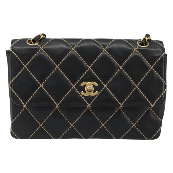 CHANEL Wild Stitch Chain Shoulder Bag Leather Black Gold CC Auth 189724V