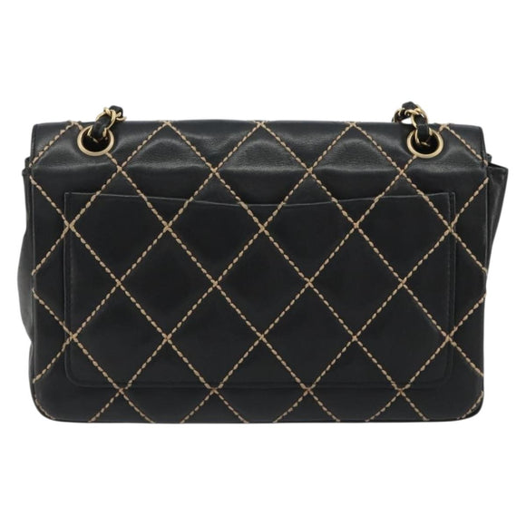 CHANEL Wild Stitch Chain Shoulder Bag Leather Black Gold CC Auth 189724V