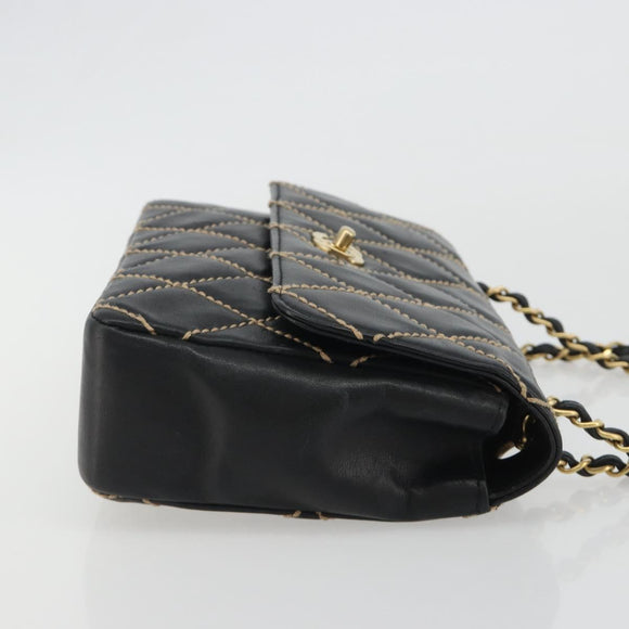 CHANEL Wild Stitch Chain Shoulder Bag Leather Black Gold CC Auth 189724V