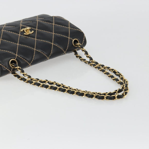 CHANEL Wild Stitch Chain Shoulder Bag Leather Black Gold CC Auth 189724V