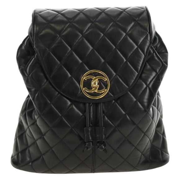 CHANEL Matelasse Backpack Lamb Skin Black Gold CC Auth 189728V
