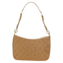 CHANEL Matelasse Chain Shoulder Bag Caviar Skin Beige Gold CC Auth 189729SV-13