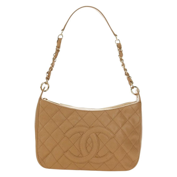 CHANEL Matelasse Chain Shoulder Bag Caviar Skin Beige Gold CC Auth 189729SV