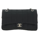CHANEL Choco Bar Chain Shoulder Bag Cotton Jersey Black Silver CC Auth 189732V-2