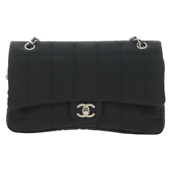 CHANEL Choco Bar Chain Shoulder Bag Cotton Jersey Black Silver CC Auth 189732V