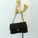 CHANEL Choco Bar Chain Shoulder Bag Cotton Jersey Black Silver CC Auth 189732V-26