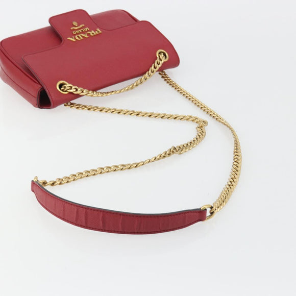 PRADA Chain Shoulder Bag Safiano Leather Red Gold Auth 189736