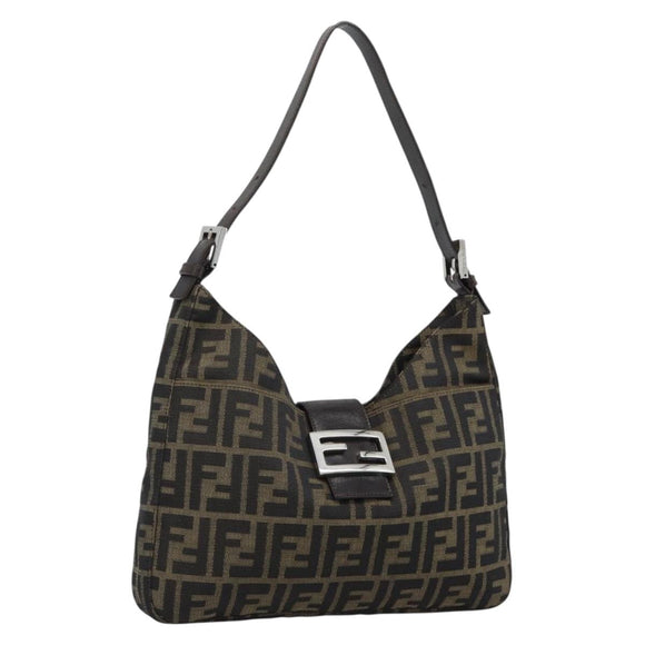 FENDI Zucca Canvas Mamma Baguette Shoulder Bag Black Brown Auth 189740V