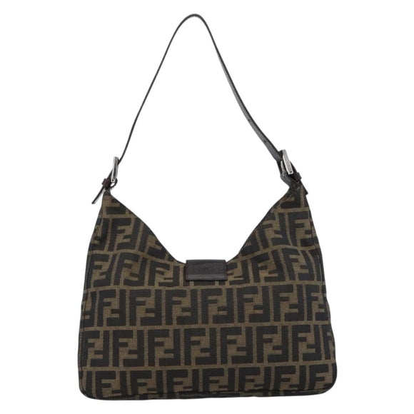 FENDI Zucca Canvas Mamma Baguette Shoulder Bag Black Brown Auth 189740V