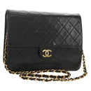 CHANEL Matelasse Chain Shoulder Bag Lamb Skin Black Gold CC Auth 189753V-1
