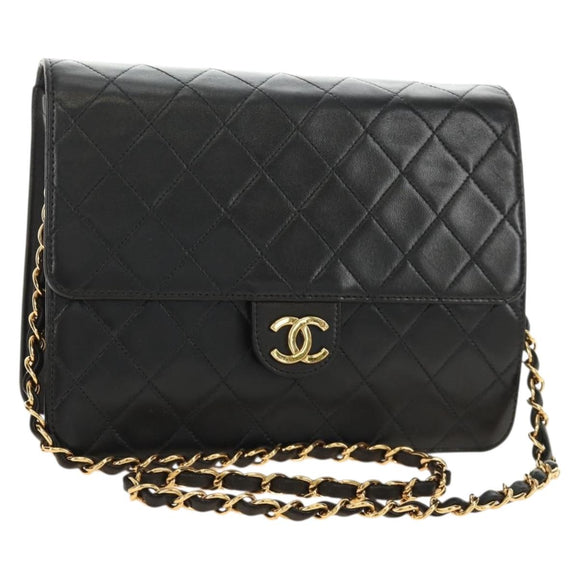 CHANEL Matelasse Chain Shoulder Bag Lamb Skin Black Gold CC Auth 189753V