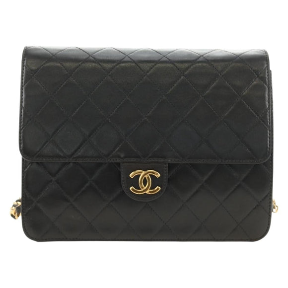 CHANEL Matelasse Chain Shoulder Bag Lamb Skin Black Gold CC Auth 189753V