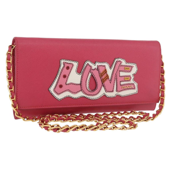 PRADA Chain Shoulder Wallet Safiano leather Pink Gold Auth 189760