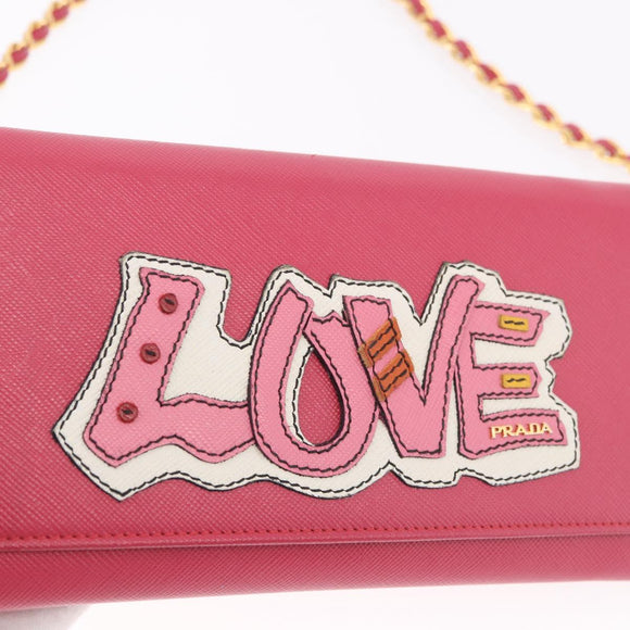 PRADA Chain Shoulder Wallet Safiano leather Pink Gold Auth 189760