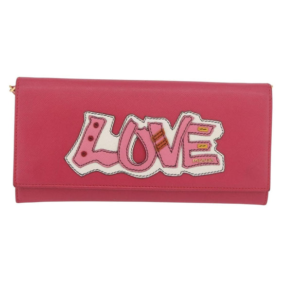 PRADA Chain Shoulder Wallet Safiano leather Pink Gold Auth 189760