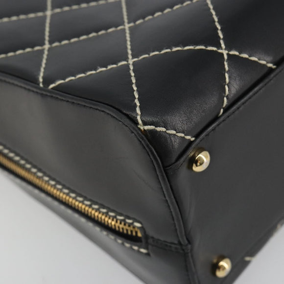 CHANEL Wild Stitch Hand Bag Leather Black Gold CC Auth 189773