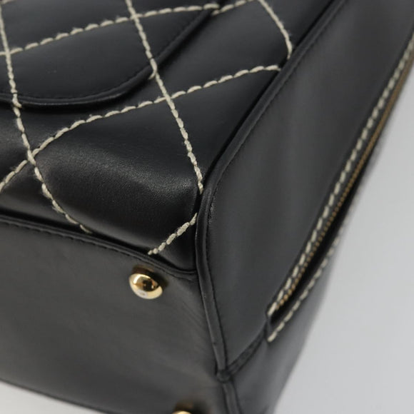 CHANEL Wild Stitch Hand Bag Leather Black Gold CC Auth 189773