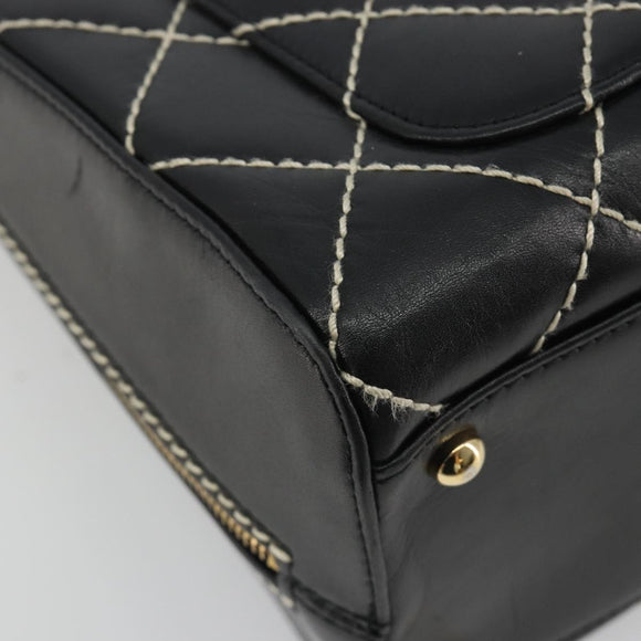 CHANEL Wild Stitch Hand Bag Leather Black Gold CC Auth 189773