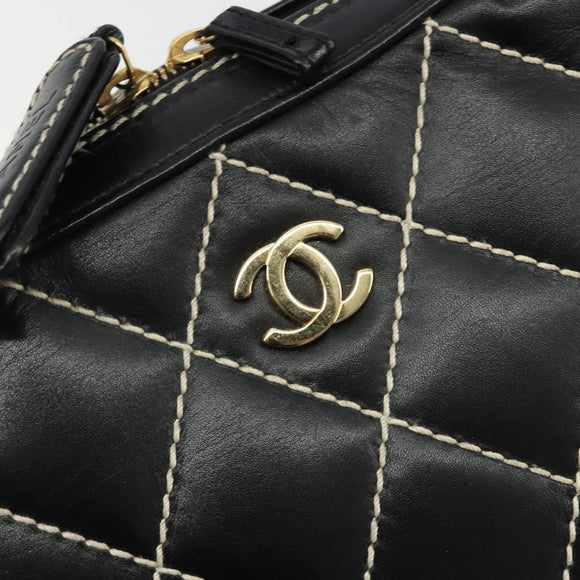CHANEL Wild Stitch Hand Bag Leather Black Gold CC Auth 189773