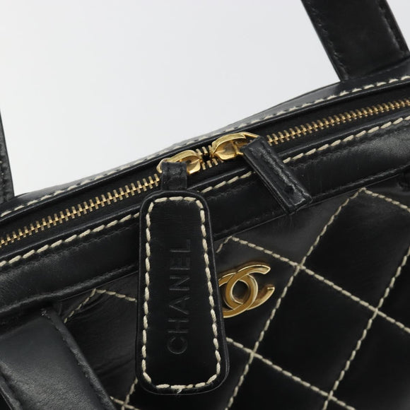 CHANEL Wild Stitch Hand Bag Leather Black Gold CC Auth 189773