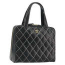CHANEL Wild Stitch Hand Bag Leather Black Gold CC Auth 189773-1