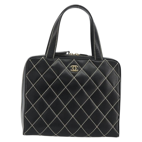 CHANEL Wild Stitch Hand Bag Leather Black Gold CC Auth 189773