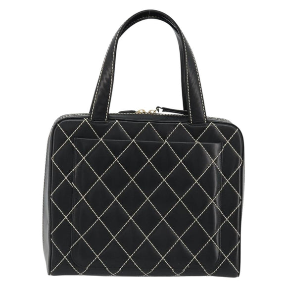 CHANEL Wild Stitch Hand Bag Leather Black Gold CC Auth 189773