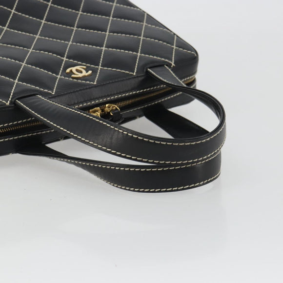 CHANEL Wild Stitch Hand Bag Leather Black Gold CC Auth 189773