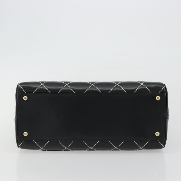 CHANEL Wild Stitch Hand Bag Leather Black Gold CC Auth 189773