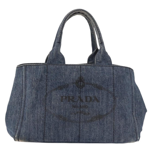 PRADA Canapa M Hand Bag Denim Blue Gold Auth 189795A