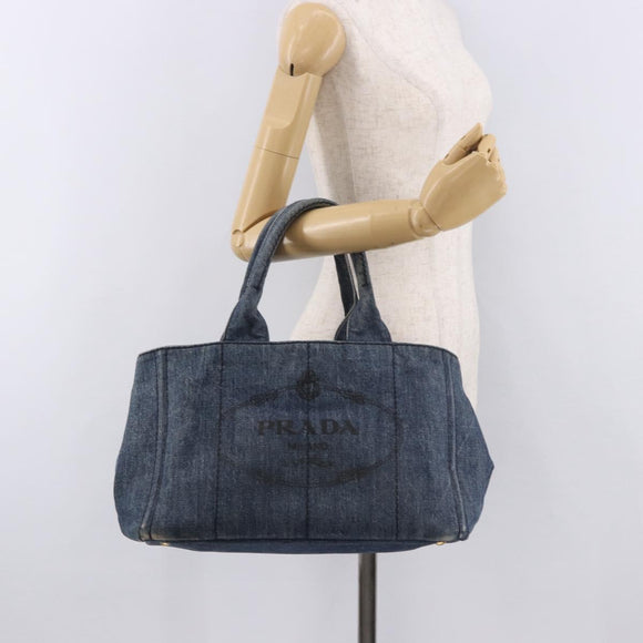 PRADA Canapa M Hand Bag Denim Blue Gold Auth 189795A
