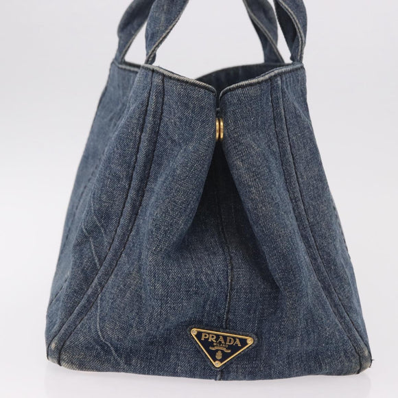 PRADA Canapa M Hand Bag Denim Blue Gold Auth 189795A