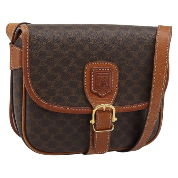 CELINE Macadam Canvas Shoulder Bag PVC Leather Brown Gold Auth 189803