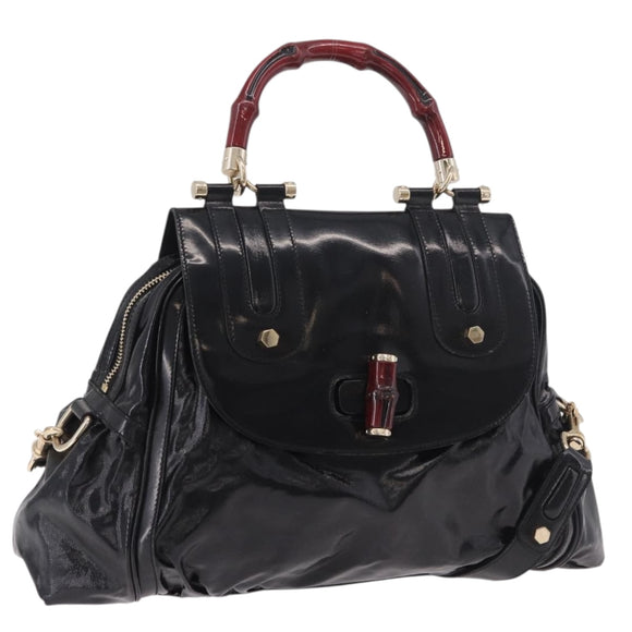 GUCCI Bamboo Hand Bag PVC Canvas 2way Black Gold Auth 189804A