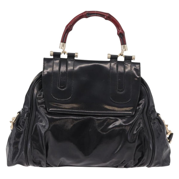 GUCCI Bamboo Hand Bag PVC Canvas 2way Black Gold Auth 189804A