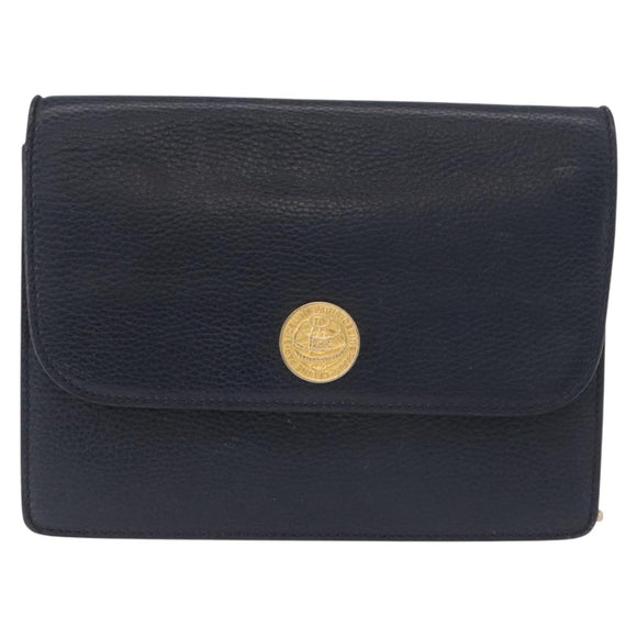 CELINE Medallion Chain Shoulder Bag Leather Black Gold Auth 189809A