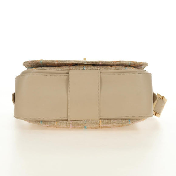 CHANEL 2.55 Shoulder Bag Tweed Beige Gold CC Auth 189821SAM
