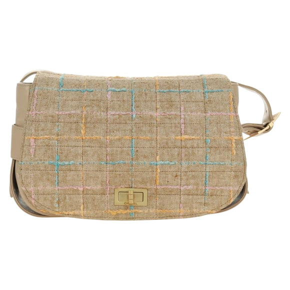 CHANEL 2.55 Shoulder Bag Tweed Beige Gold CC Auth 189821SAM