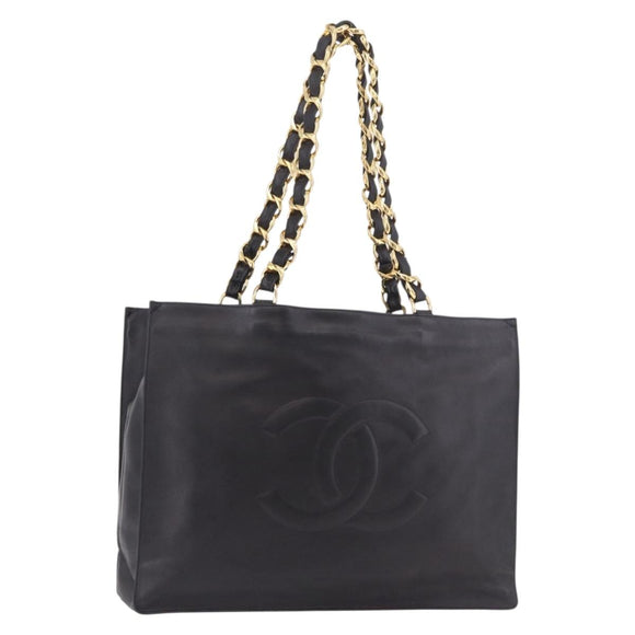 CHANEL Chain Shoulder Tote Bag Lamb Skin Black Gold CC Auth 189822V