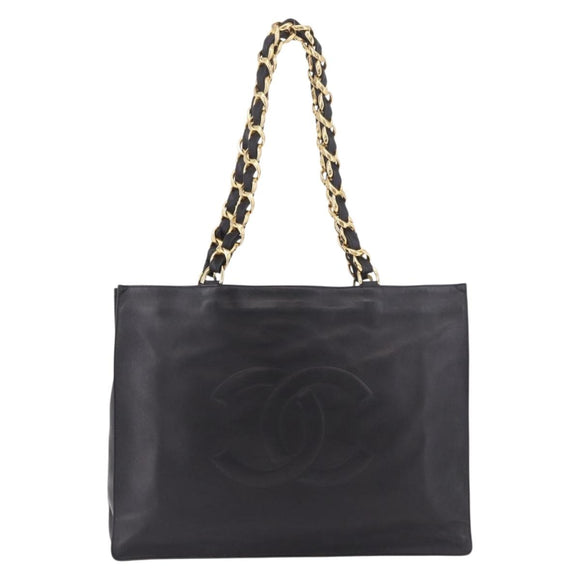 CHANEL Chain Shoulder Tote Bag Lamb Skin Black Gold CC Auth 189822V