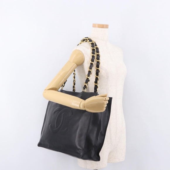 CHANEL Chain Shoulder Tote Bag Lamb Skin Black Gold CC Auth 189822V
