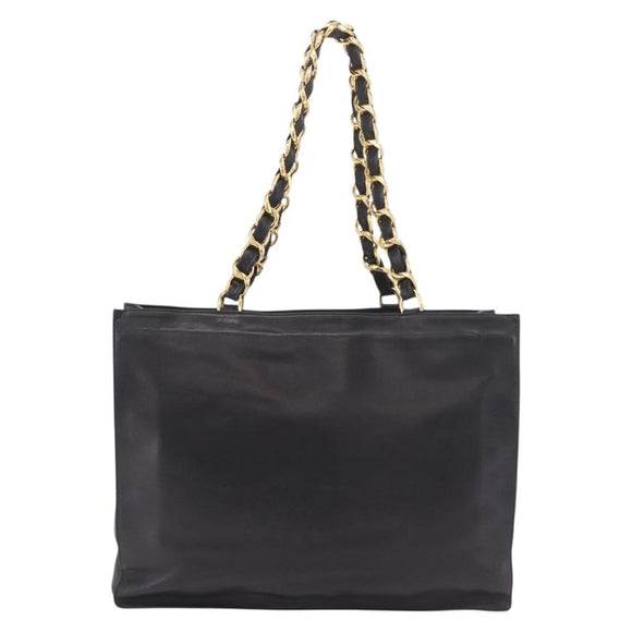 CHANEL Chain Shoulder Tote Bag Lamb Skin Black Gold CC Auth 189822V