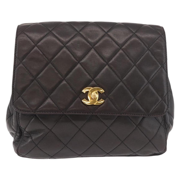 CHANEL Matelasse Backpack Lamb Skin Gold Black CC Auth 189824SAV